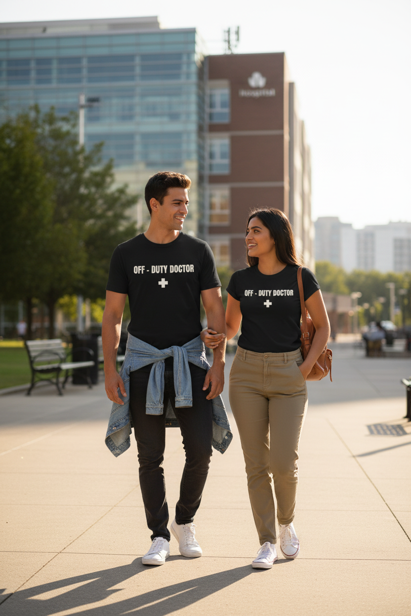 Off-Duty Doctor T-Shirt – Medical Humor Tee with Cross Logo