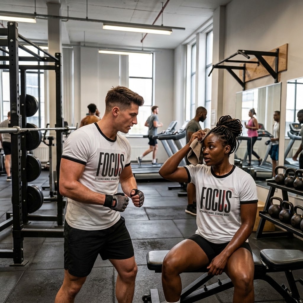 Focus Graphic Ringer Tee — "FOCUS: Strong Mind, Strong Body"