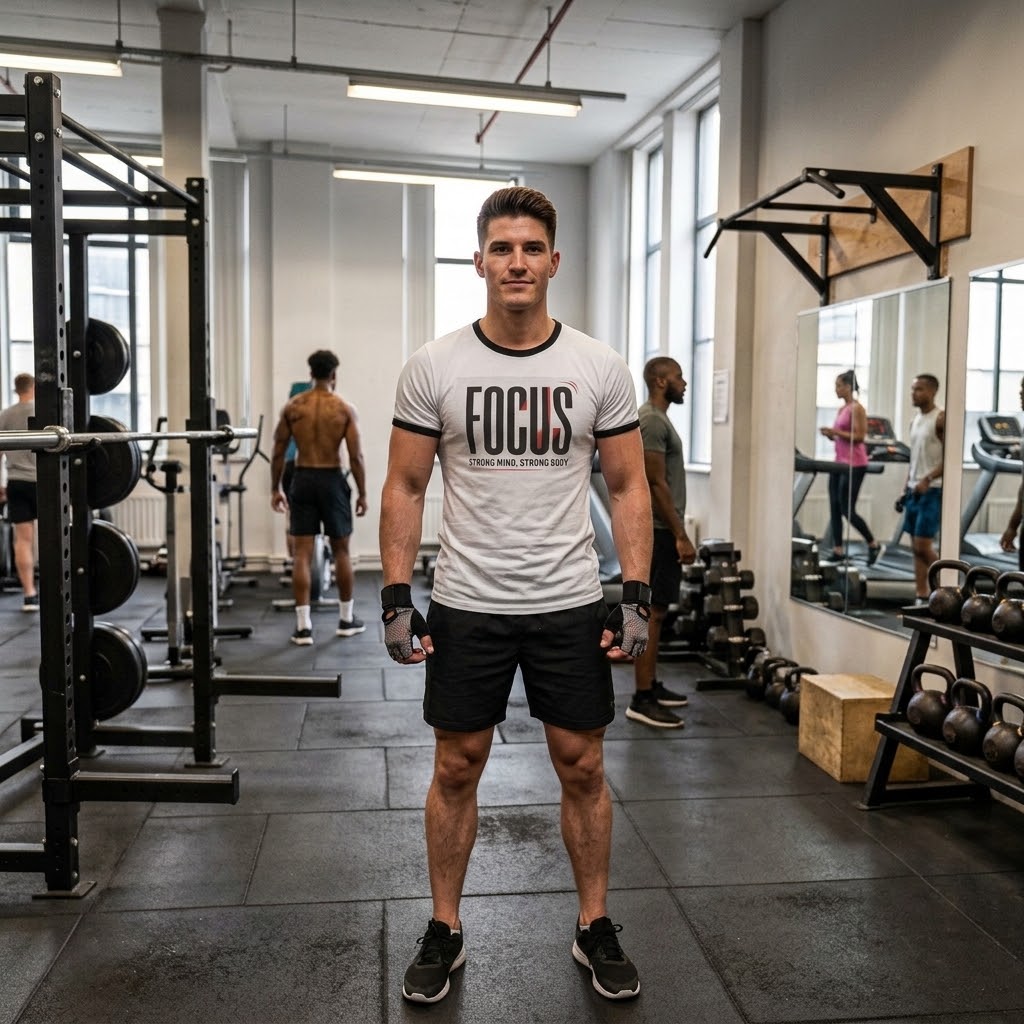 Focus Graphic Ringer Tee — "FOCUS: Strong Mind, Strong Body"