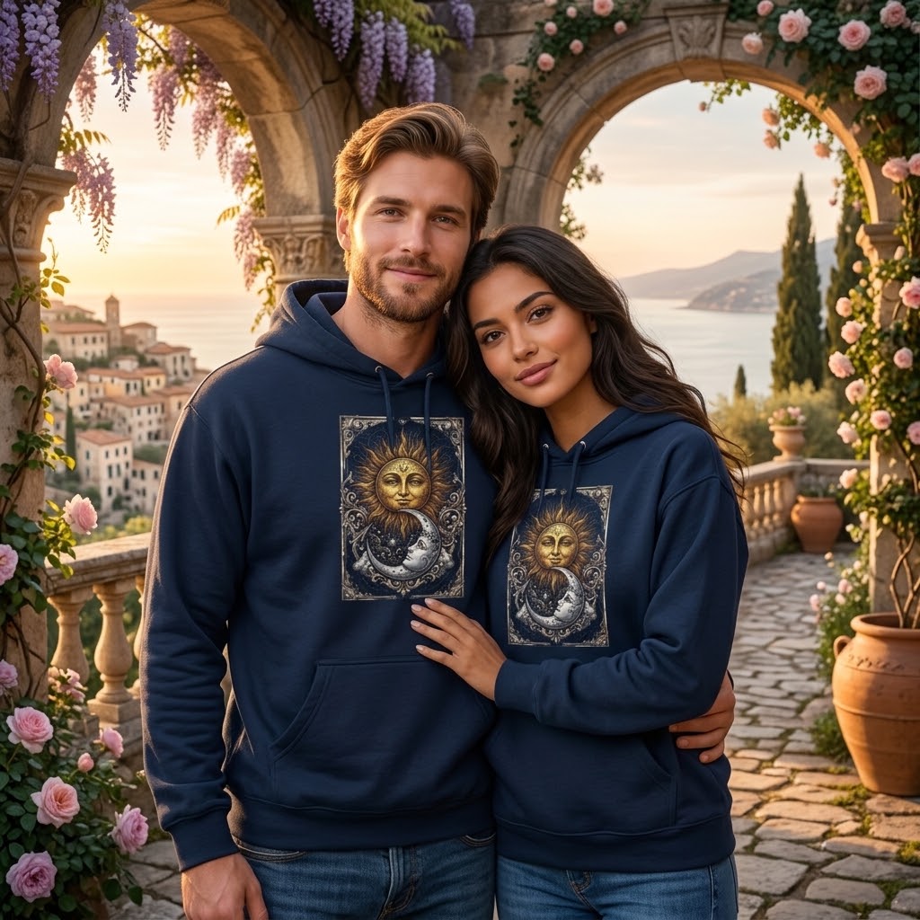 Sun & Moon Hoodie — Vintage Celestial Graphic Pullover