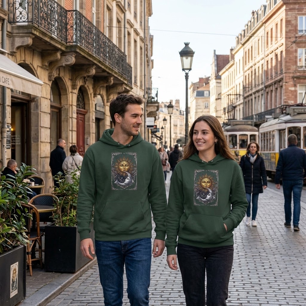 Sun & Moon Hoodie — Vintage Celestial Graphic Pullover