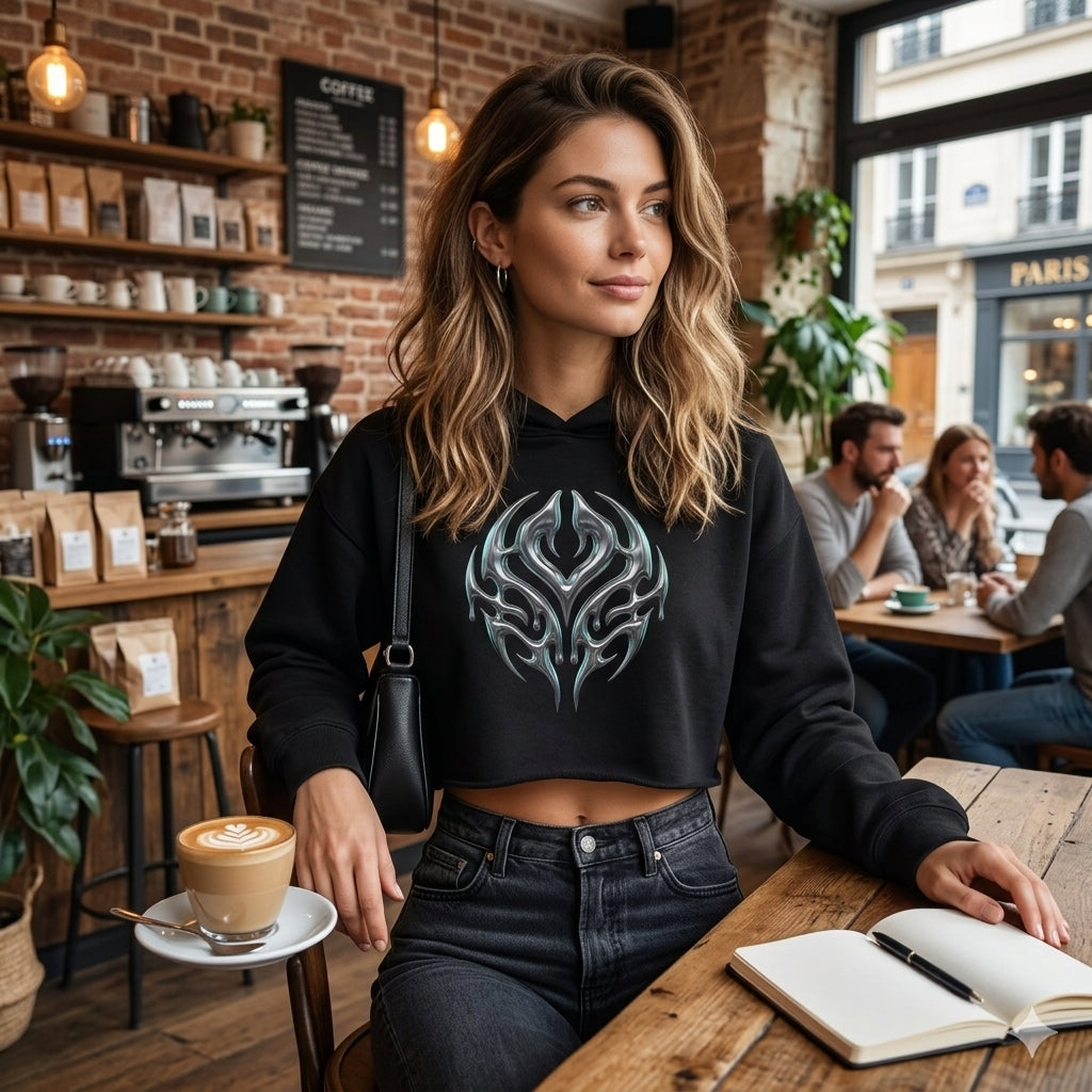 Tribal Glow Crop Hoodie — Silver Blue Tribal Emblem