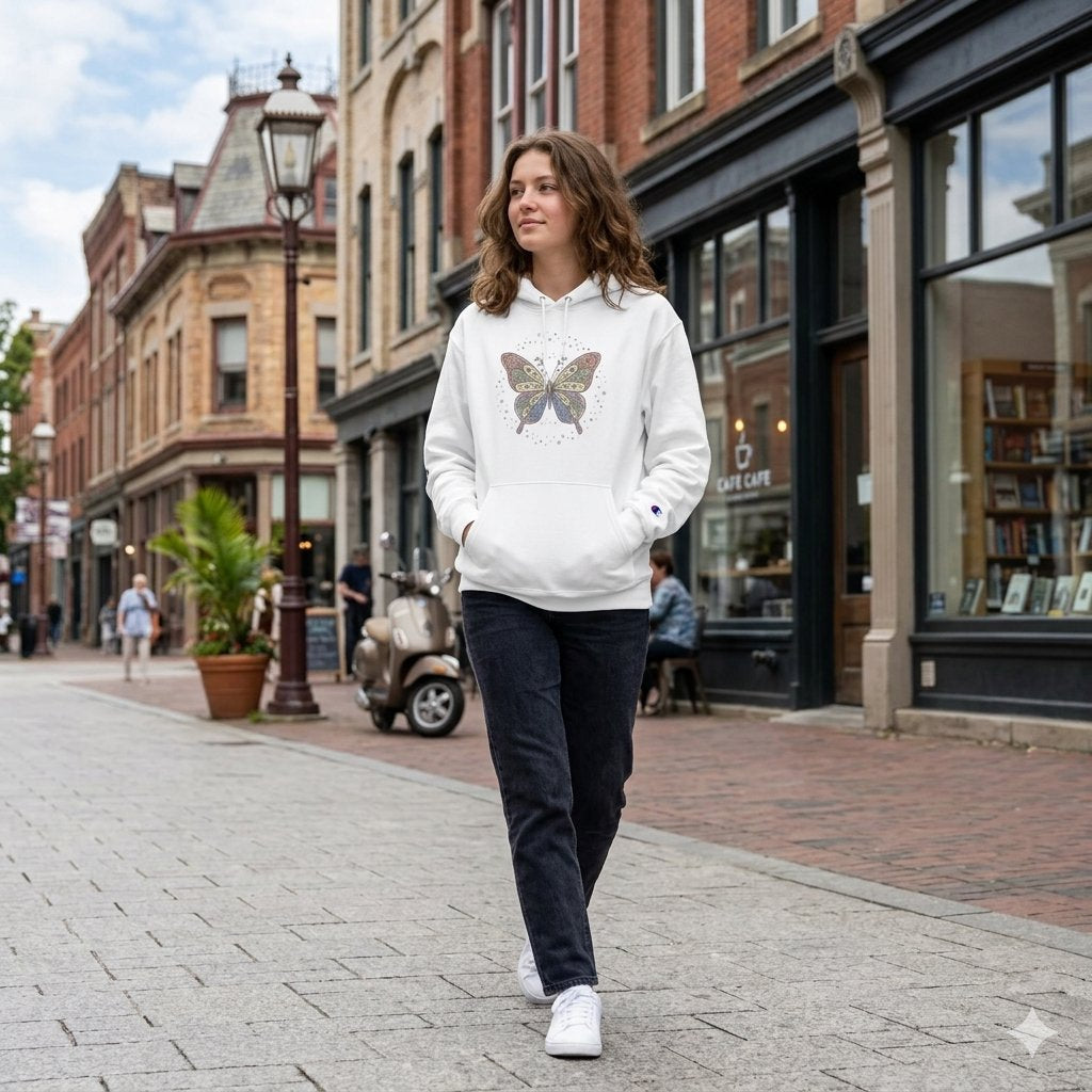 White Champion Hoodie with Colorful Butterfly Graphic — Vintage Floral Butterly Pullover