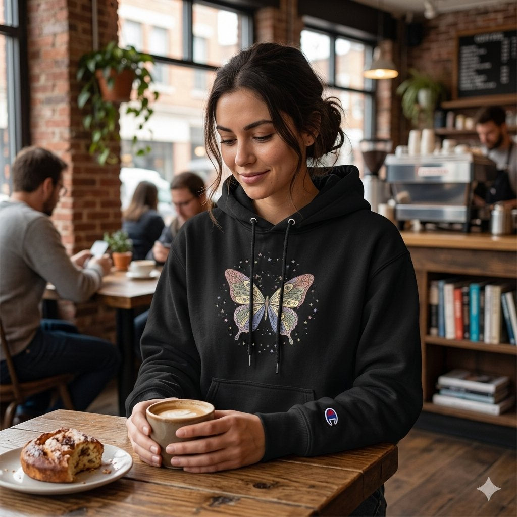White Champion Hoodie with Colorful Butterfly Graphic — Vintage Floral Butterly Pullover