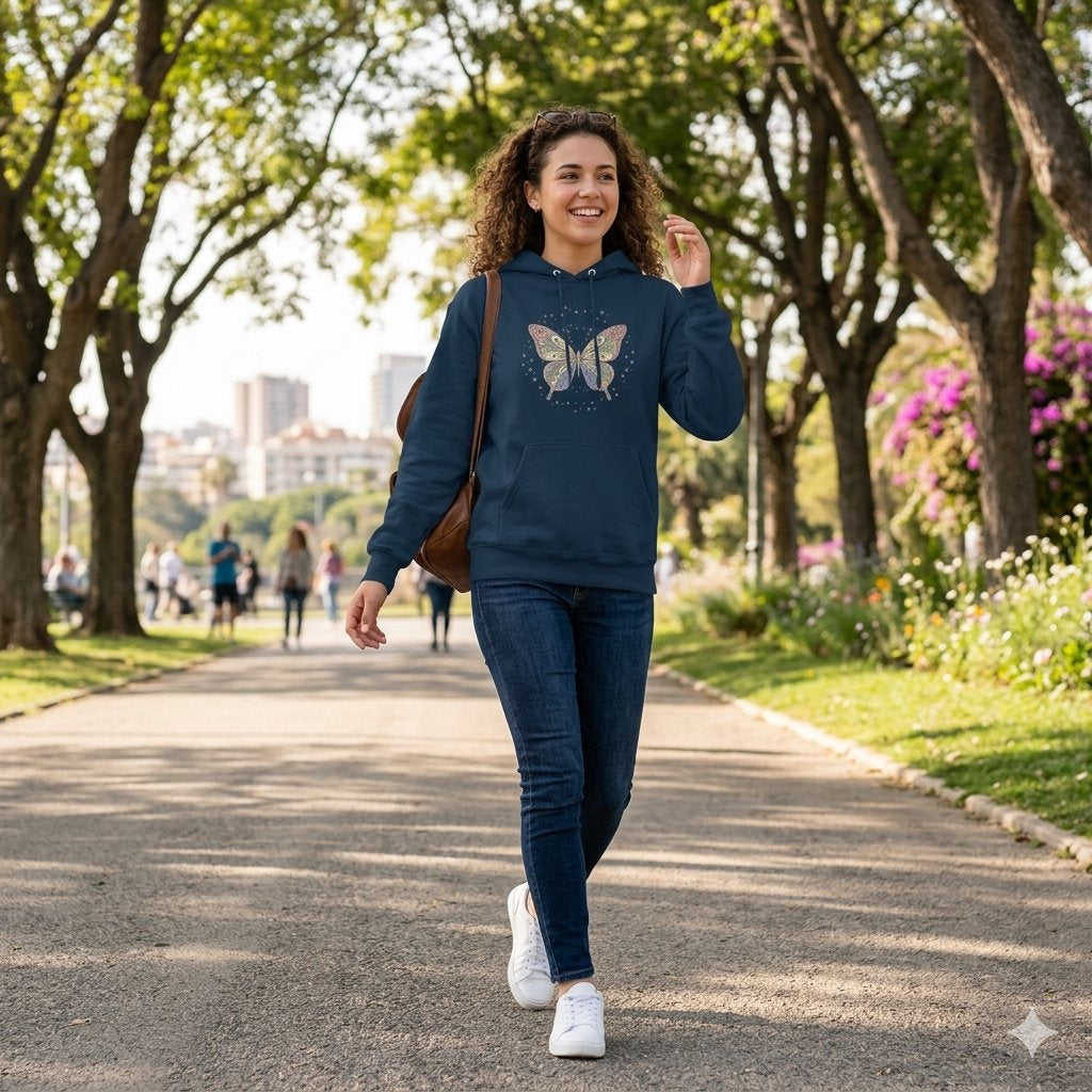 White Champion Hoodie with Colorful Butterfly Graphic — Vintage Floral Butterly Pullover