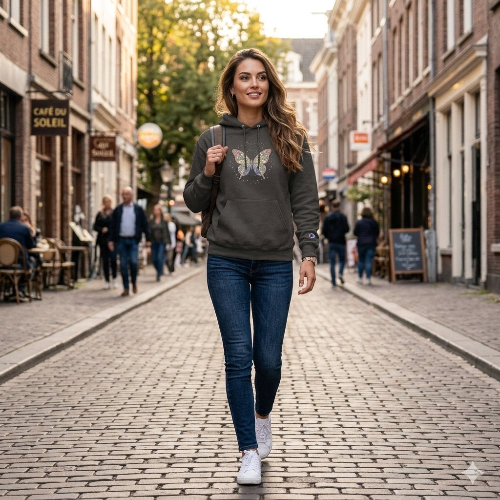 White Champion Hoodie with Colorful Butterfly Graphic — Vintage Floral Butterly Pullover