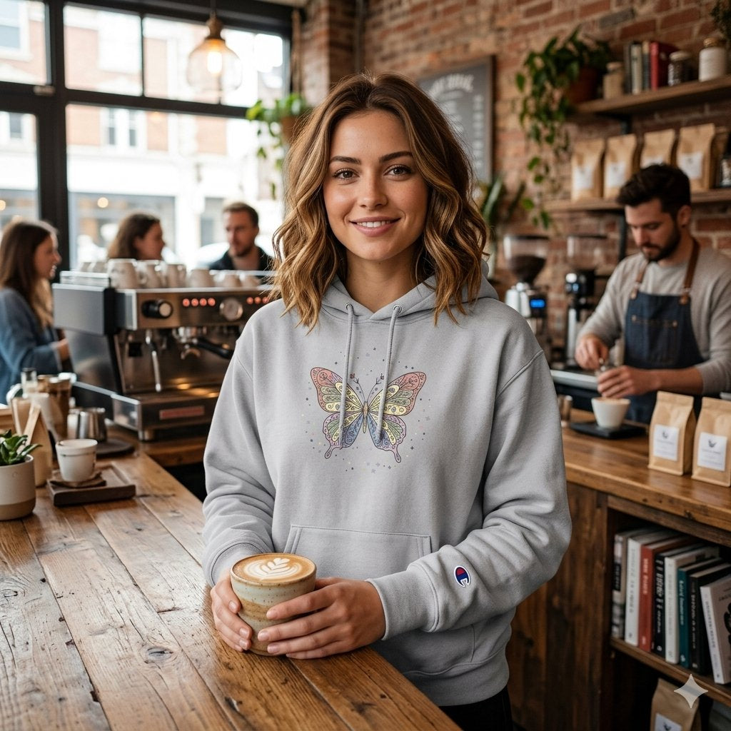 White Champion Hoodie with Colorful Butterfly Graphic — Vintage Floral Butterly Pullover