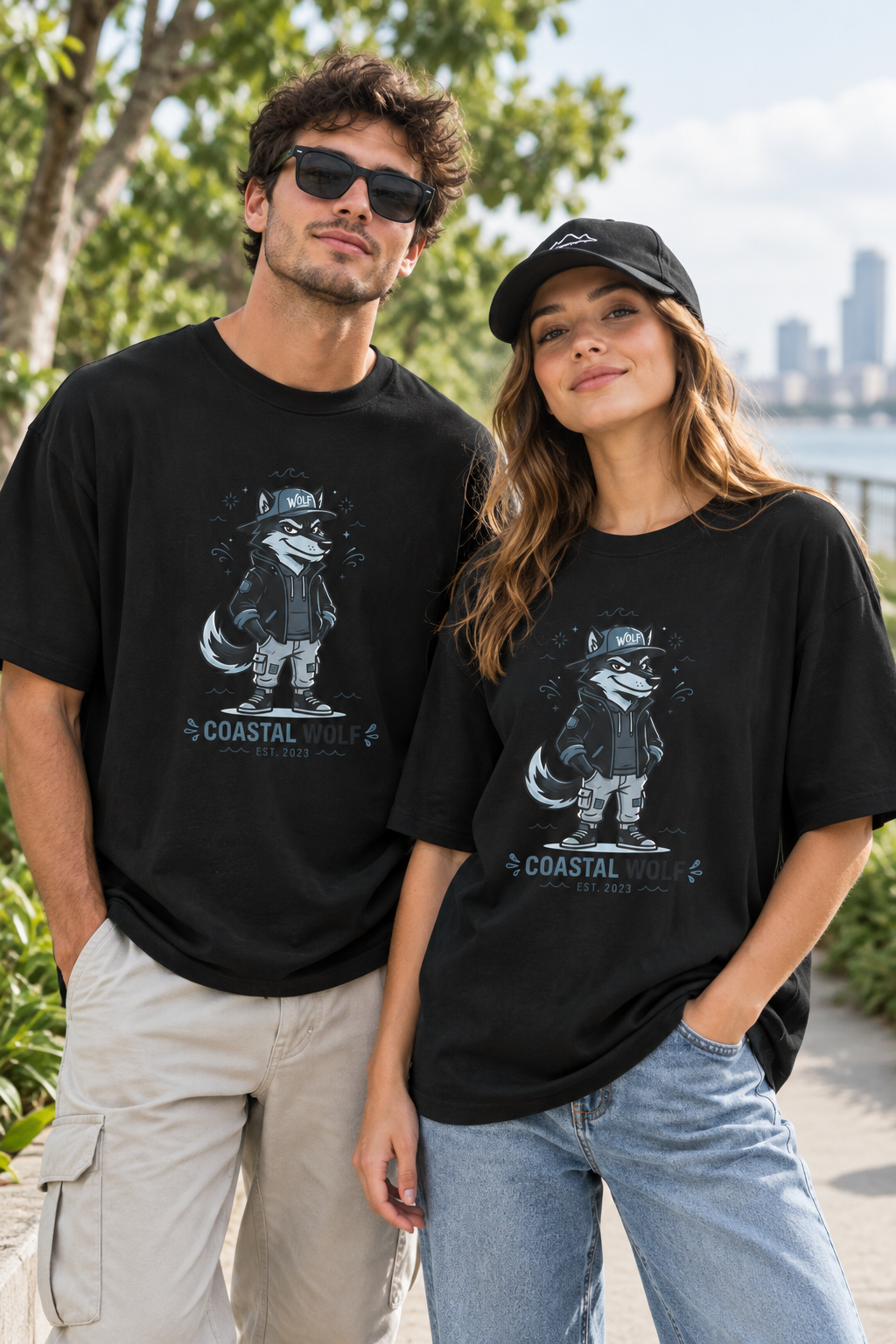 Coastal Wolf Graphic Tee — "Coastal Wolf" Casual Oversized T-Shirt